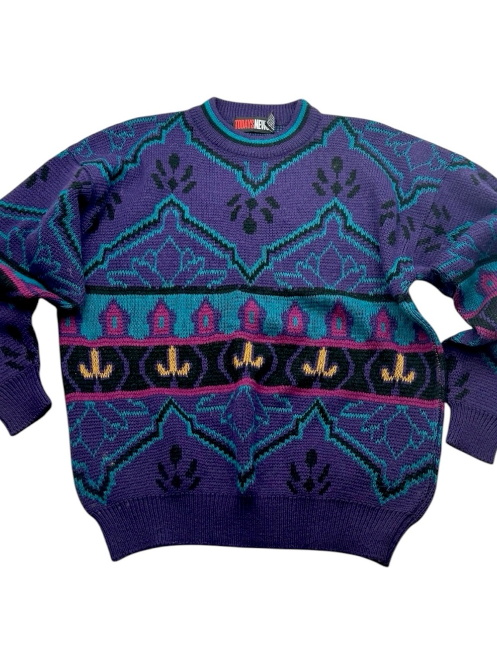 Vintage 90s Today’s News Sweater Mens Large Purple Graphic Knit Streetwear
